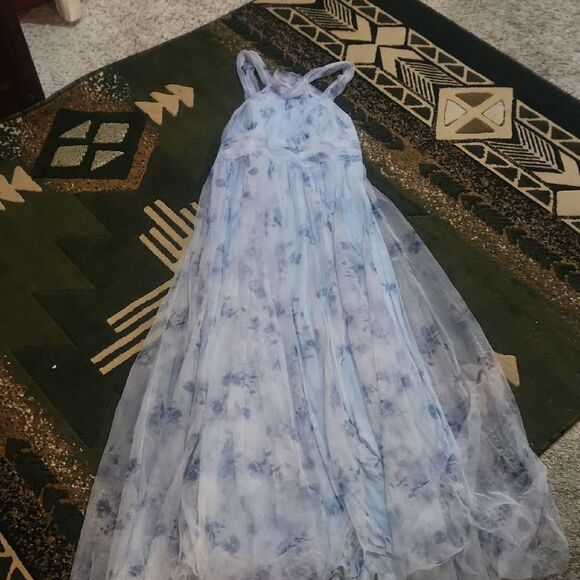 NWT Dessy Collection Tulle Floral Print Gown Maxi Dress Blue Mist Garden 16 - Picture 2 of 12